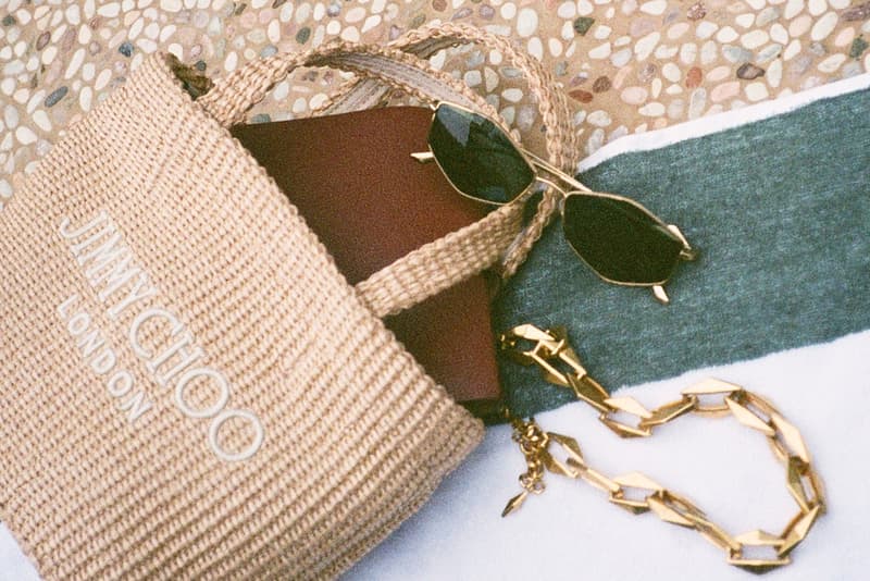 jimmy choo summer beach capsule collection legs tote straw bags sandals gold green woman water