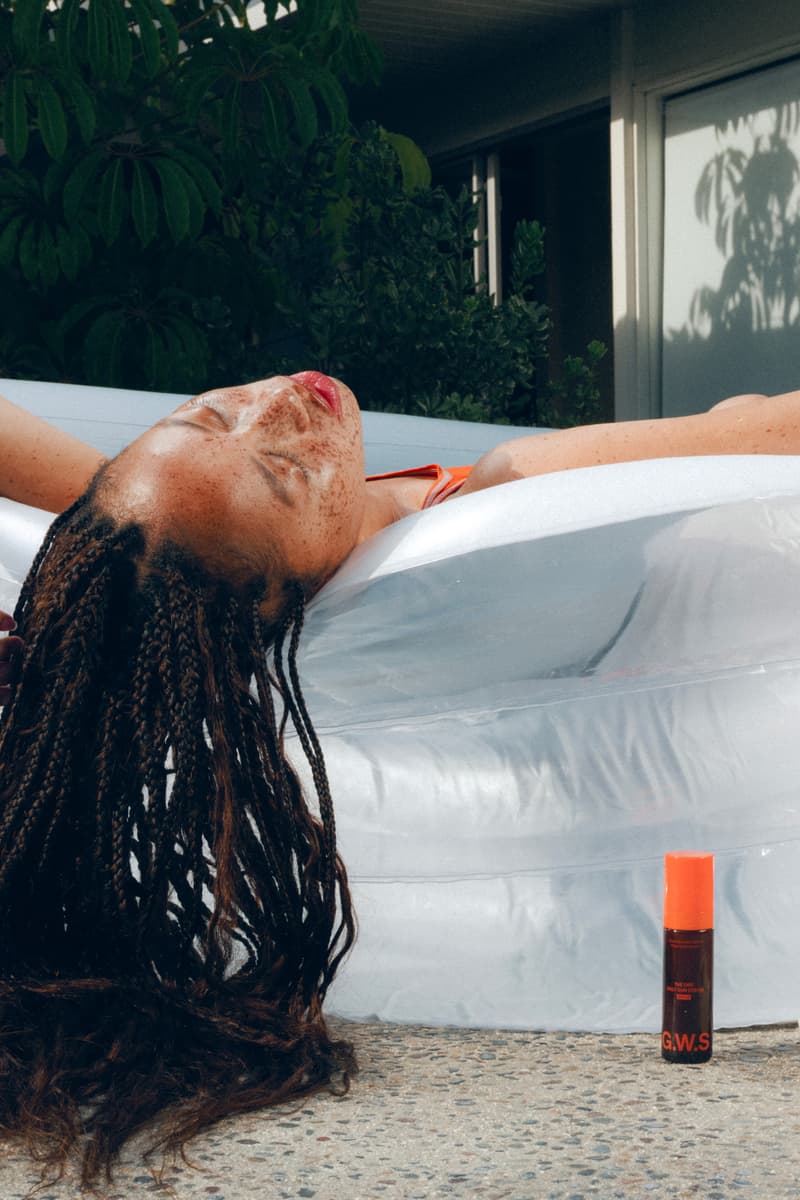 woman relaxing in blow up pool with new good weather skin sunscreen, luxury sun care, skincare, beauty