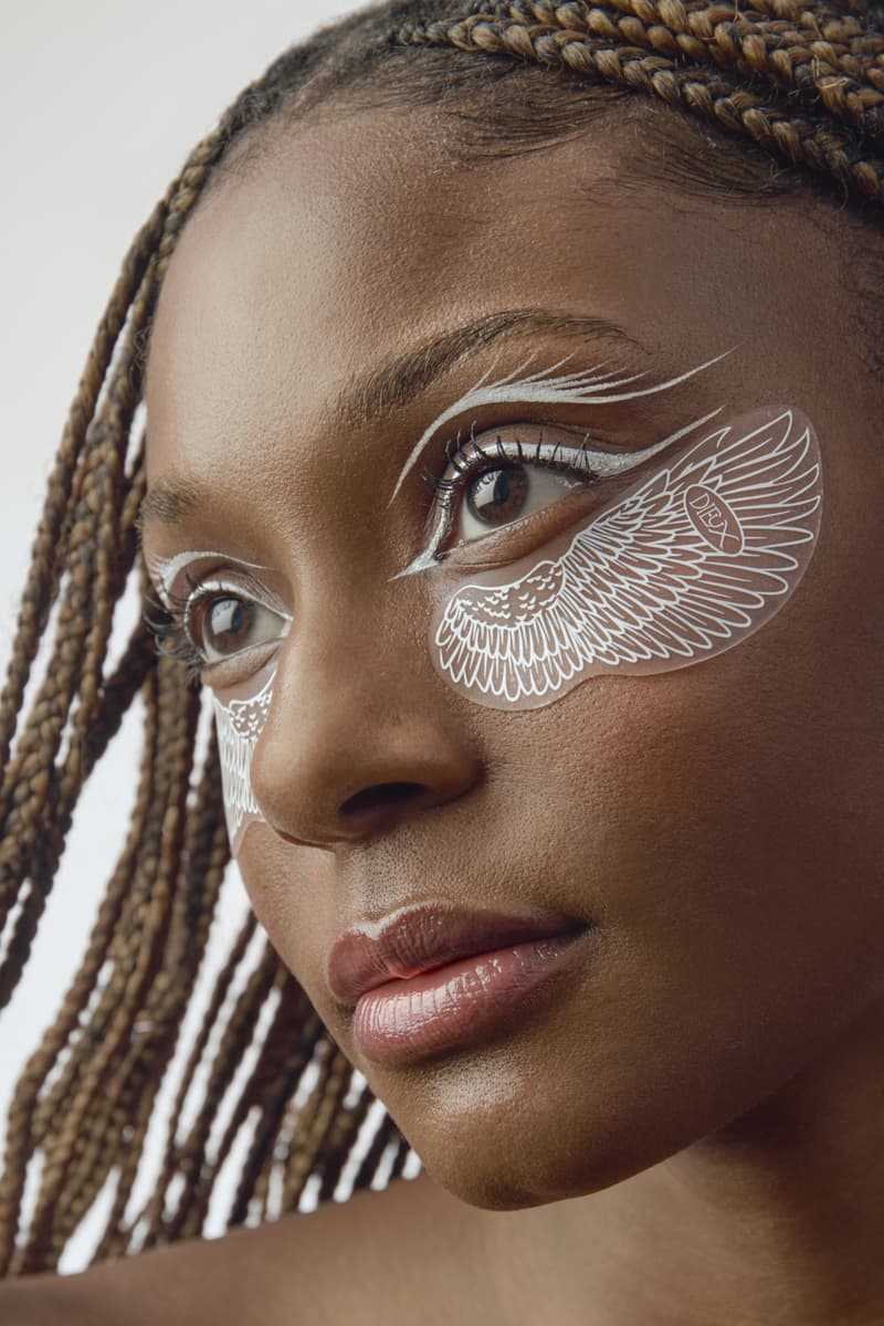 person wearing dieux winged eyeliner mask, skincare, beauty