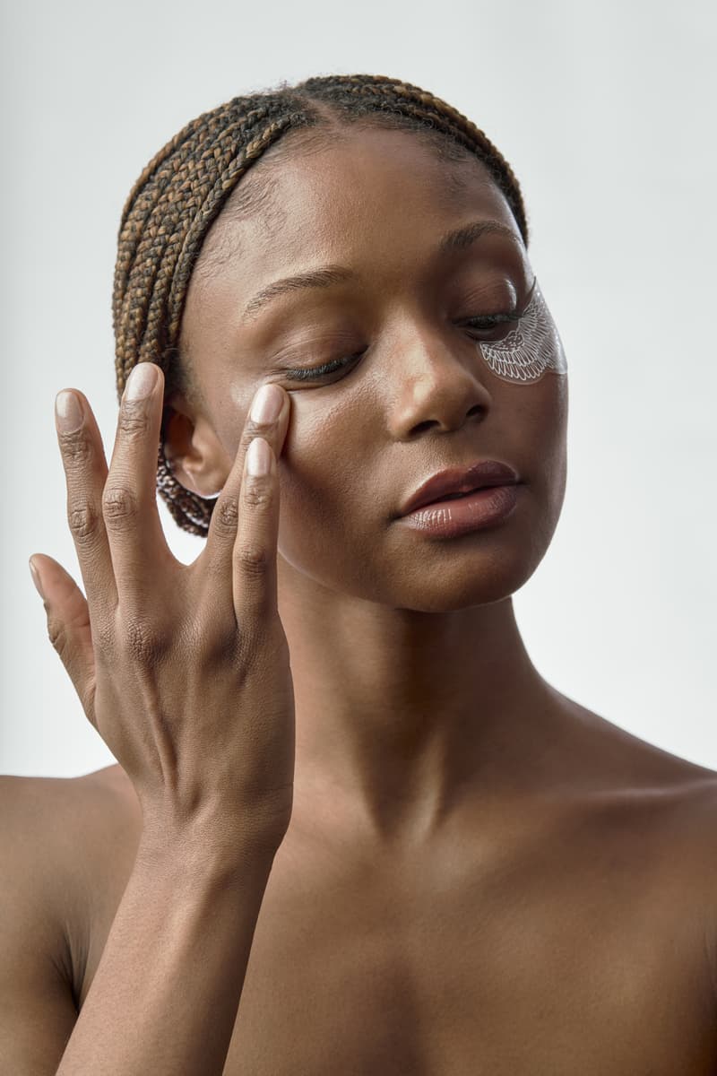 person wearing dieux winged eyeliner mask, skincare, beauty