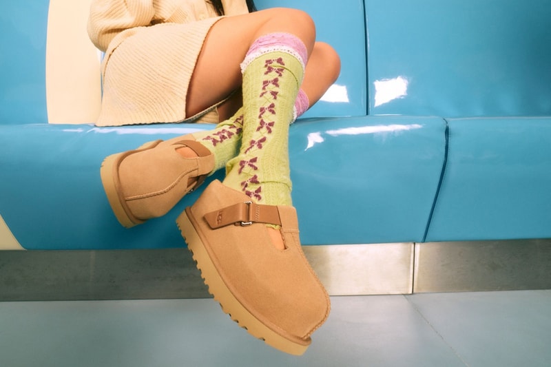 ugg golden collection goldenstar goldenrise sandals clog spring summer 2025 suede beige brown open toed platform strap eva sustainability sugarcane 