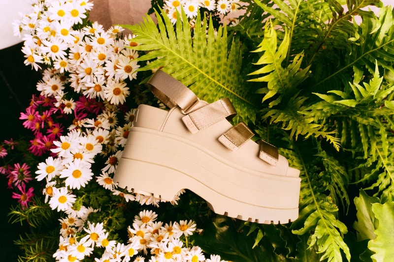 ugg golden collection goldenstar goldenrise sandals clog spring summer 2025 suede beige brown open toed platform strap eva sustainability sugarcane 