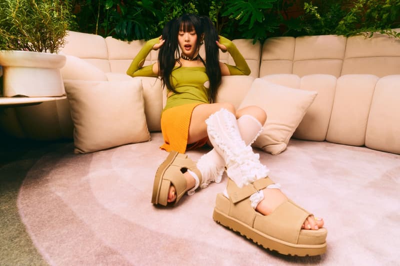 ugg golden collection goldenstar goldenrise sandals clog spring summer 2025 suede beige brown open toed platform strap eva sustainability sugarcane 