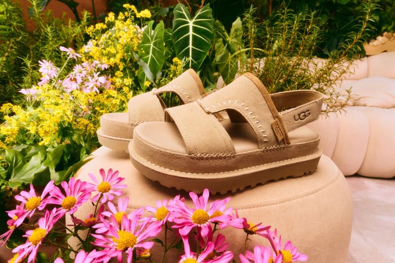 ugg golden collection goldenstar goldenrise sandals clog spring summer 2025 suede beige brown open toed platform strap eva sustainability sugarcane 