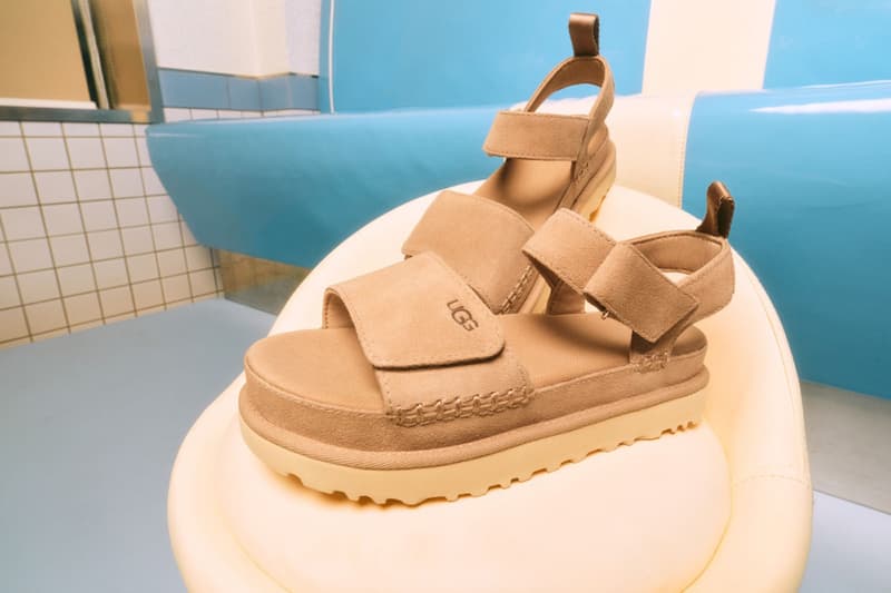 ugg golden collection goldenstar goldenrise sandals clog spring summer 2025 suede beige brown open toed platform strap eva sustainability sugarcane 