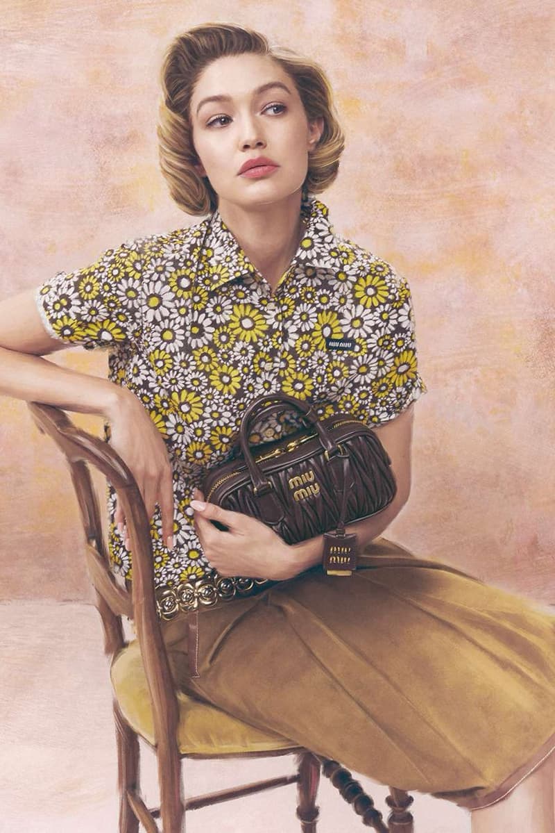 miu miu gigi hadid leather bags brown green portrait woman