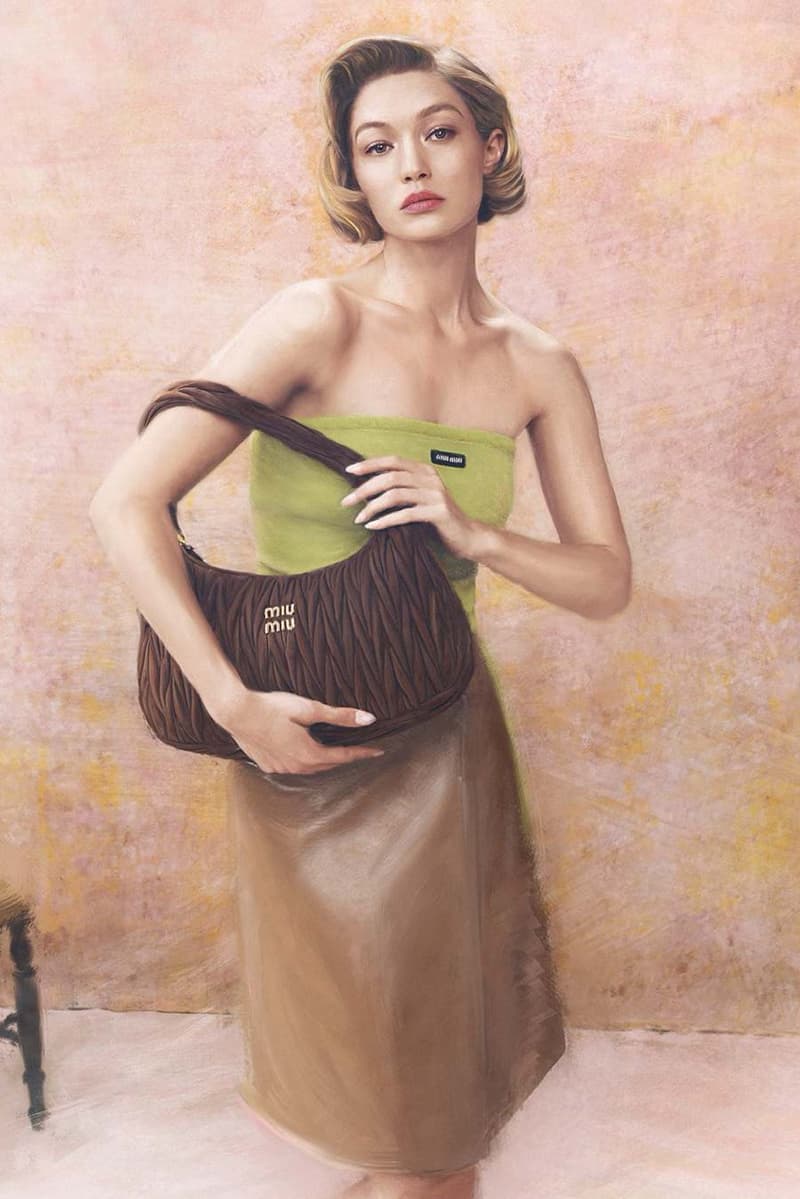 miu miu gigi hadid leather bags brown green portrait woman