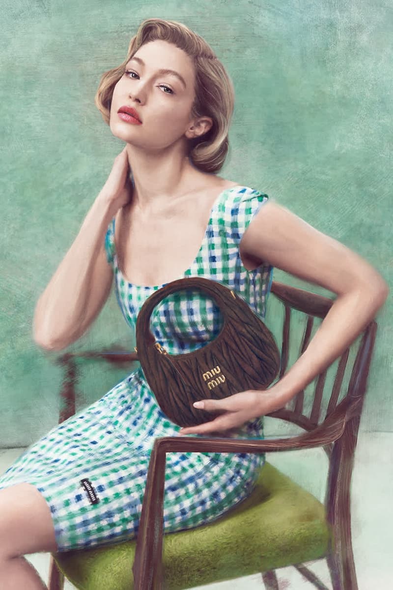 miu miu gigi hadid leather bags brown green portrait woman