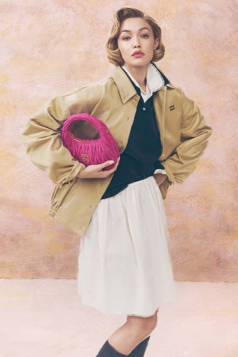 miu miu gigi hadid leather bags brown green portrait woman