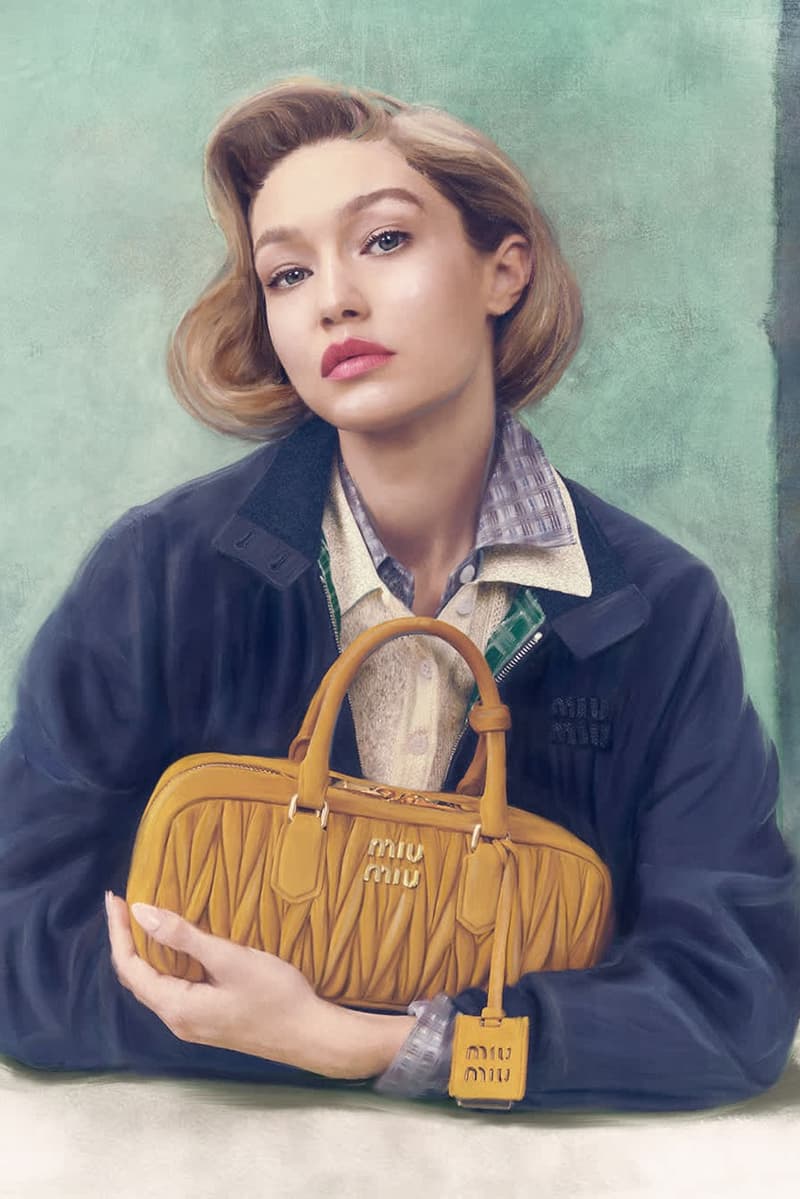 miu miu gigi hadid leather bags brown green portrait woman