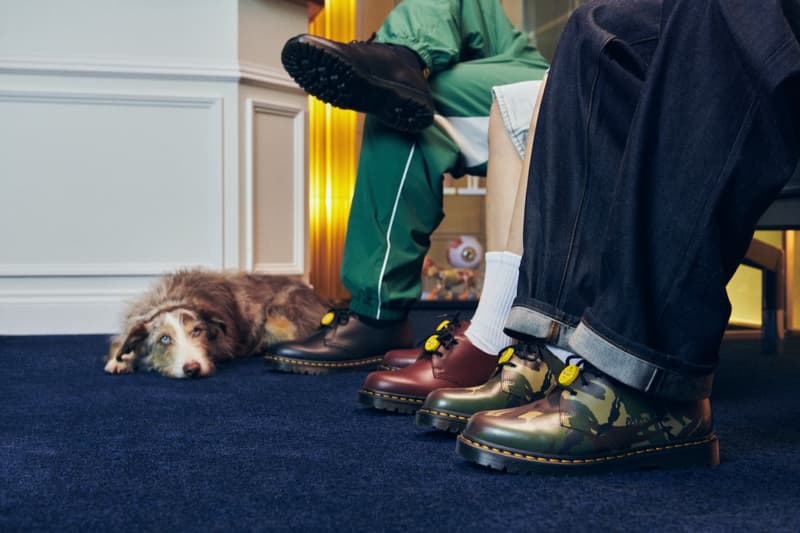 palace dr martens boots camouflage yellow button red shoes woman dog