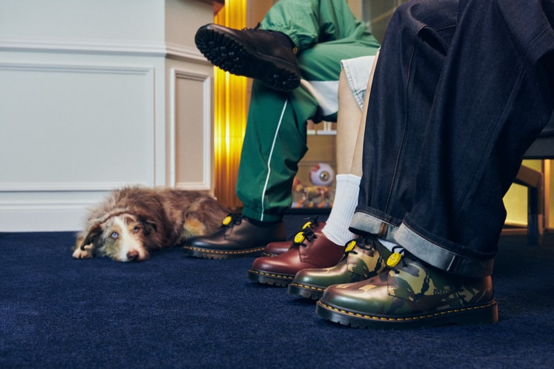 palace dr martens boots camouflage yellow button red shoes woman dog