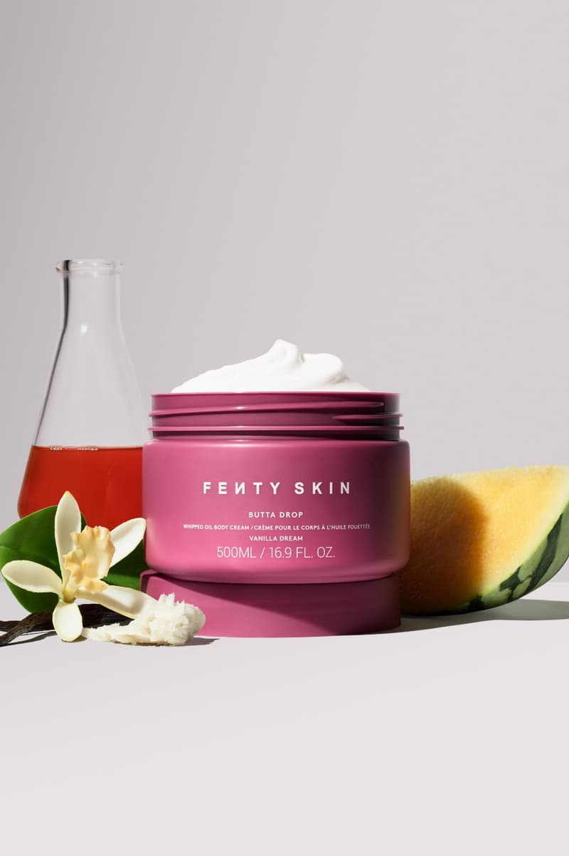 model rocking soft and beautiful skin, fenty skin jumbo butta drop in vanilla dream, skincare, body care, beauty 