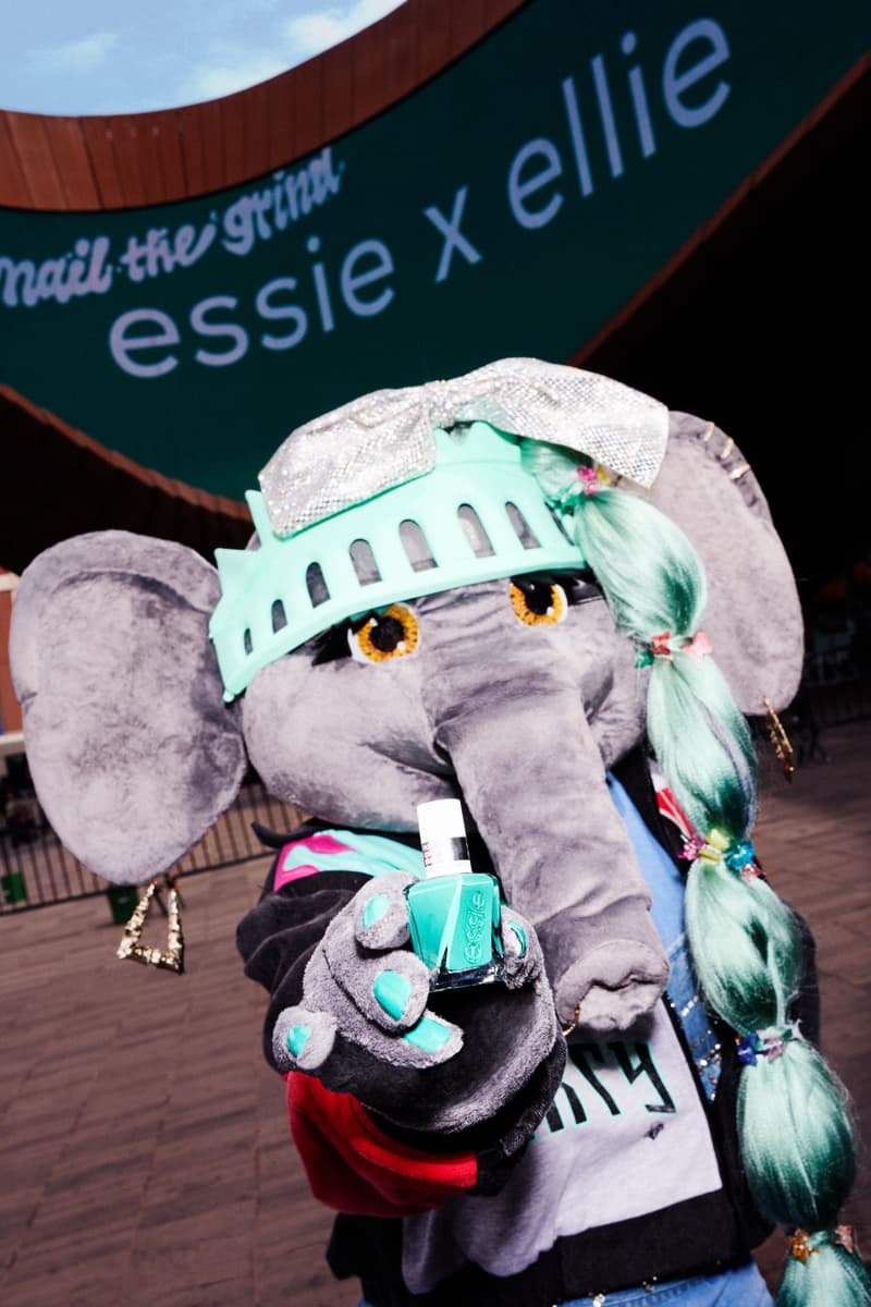 ellie the elephant mascot first-ever celebrity brand ambassador of essie nail polish posing outside of the barclays center, sports, nail care, nails