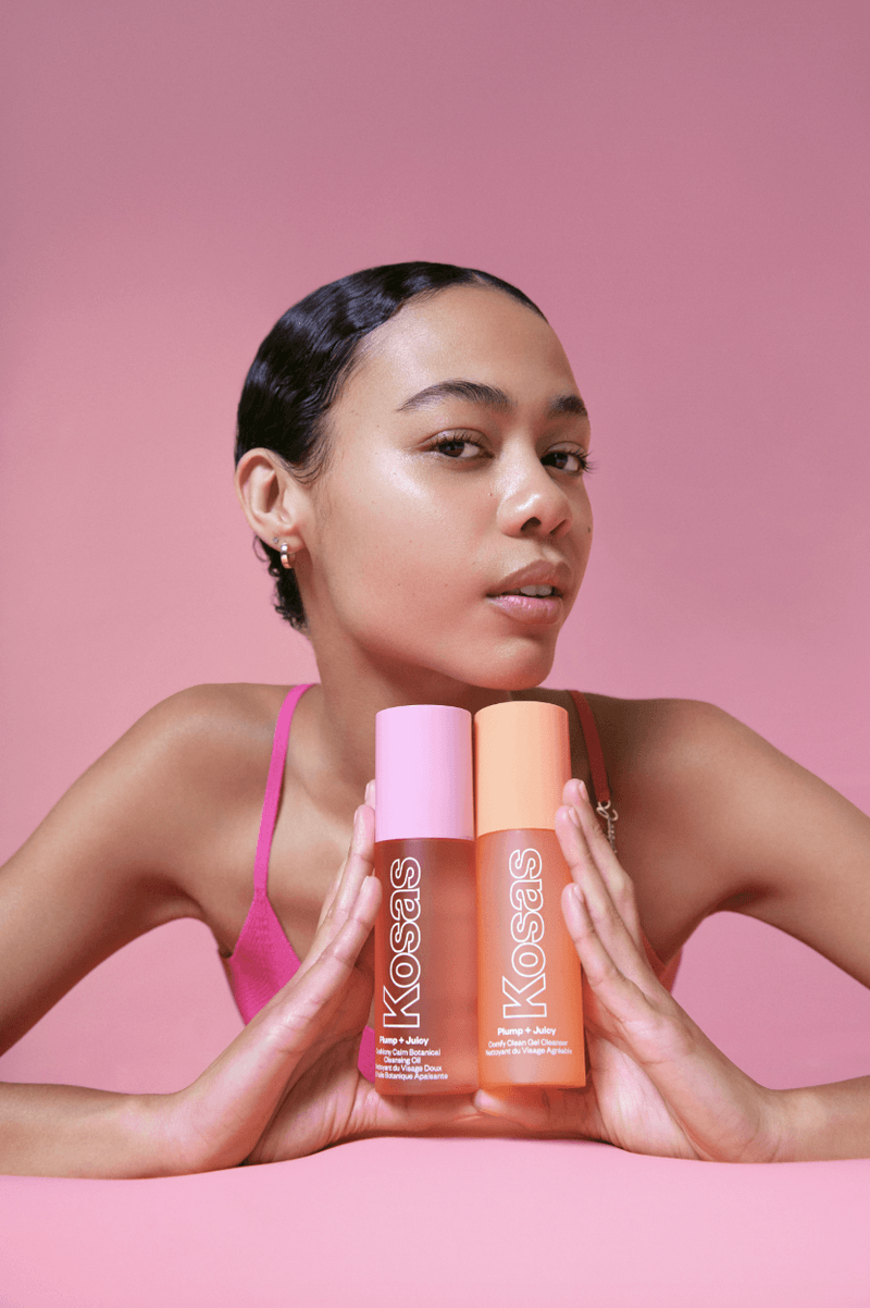 woman posing with new kosas double cleansing system, woman washing her makeup off, new cleanser, skincare, beauty