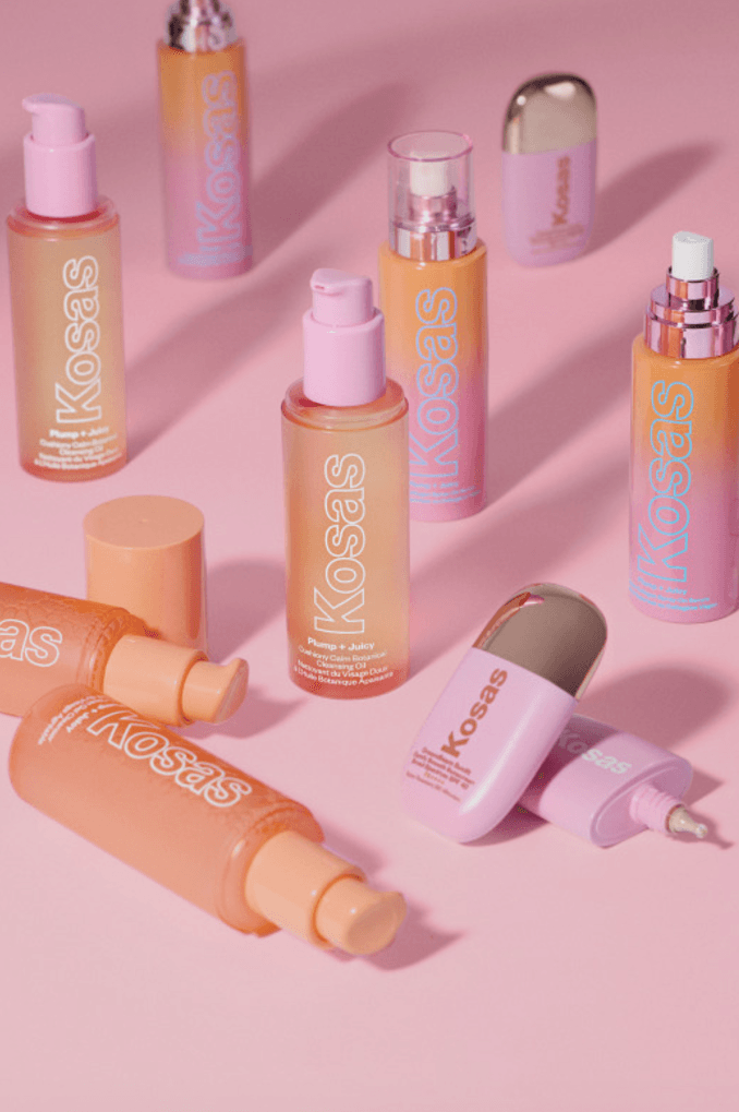 woman posing with new kosas double cleansing system, woman washing her makeup off, new cleanser, skincare, beauty