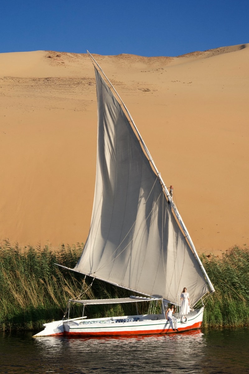 jacquemus pyramids egypt horses collection models boat sailing desert