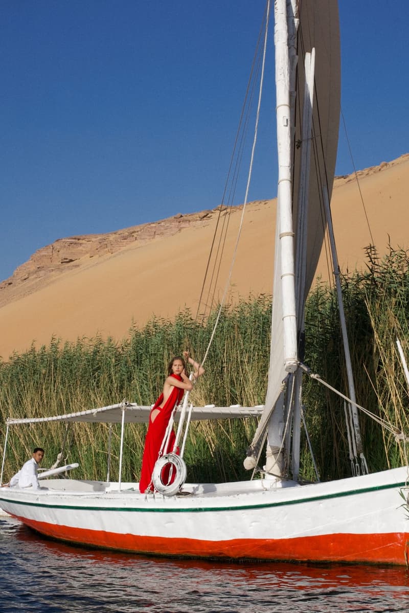 jacquemus pyramids egypt horses collection models boat sailing desert