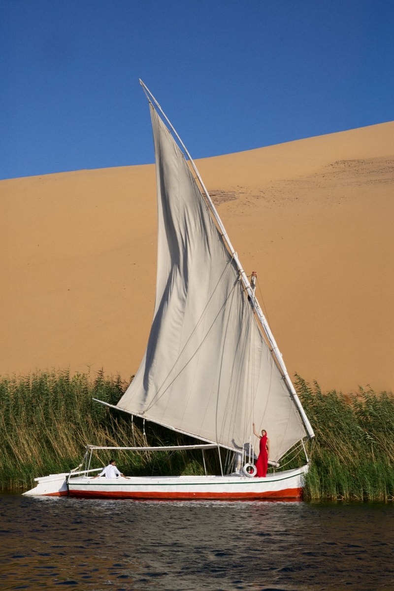 jacquemus pyramids egypt horses collection models boat sailing desert