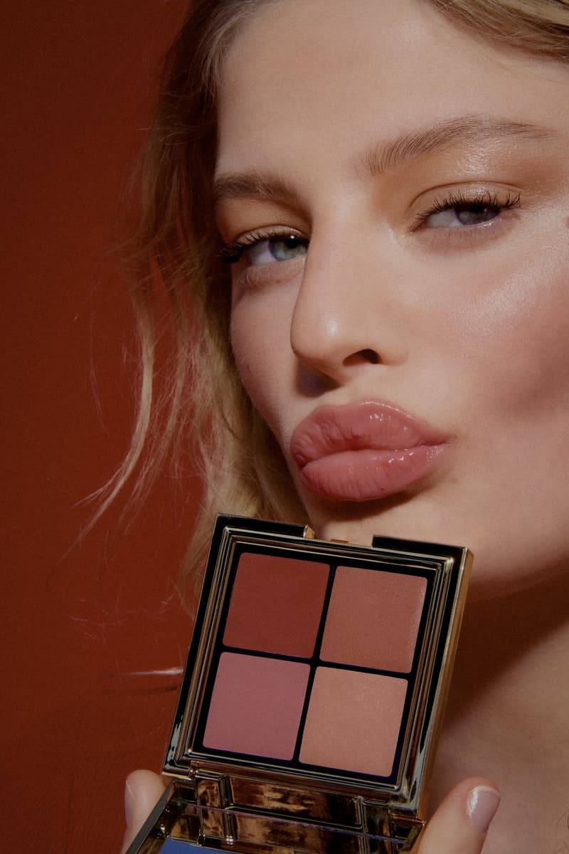 woman laying down next to the new les filles en rouje la charme palette, new makeup, french beauty