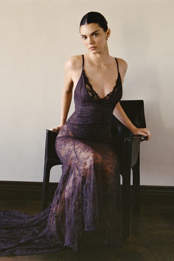 kendall jenner fwrd spring dresses sheer top strappy heels bottega veneta laying down 