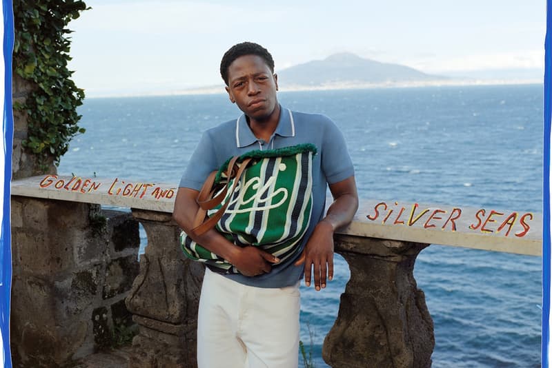 gucci daisy edgar jones monogram red swimsuit lido collection boat yacht water bikini