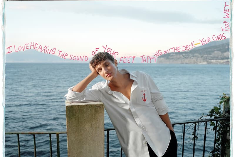 gucci daisy edgar jones monogram red swimsuit lido collection boat yacht water bikini