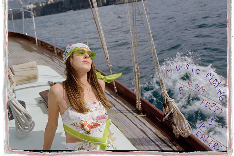 gucci daisy edgar jones monogram red swimsuit lido collection boat yacht water bikini