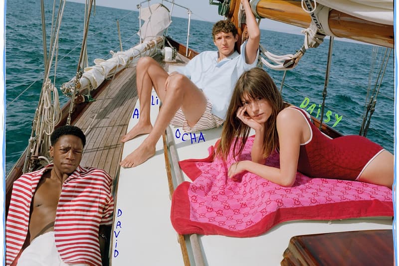 gucci daisy edgar jones monogram red swimsuit lido collection boat yacht water bikini