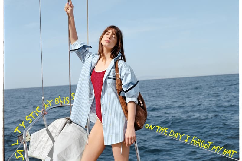 gucci daisy edgar jones monogram red swimsuit lido collection boat yacht water bikini