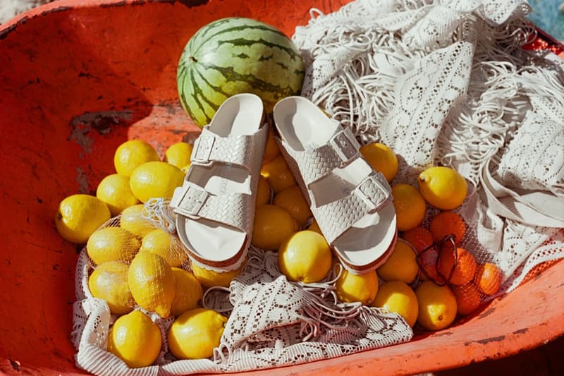 birkenstock arizona sandals staud black white woven texture strap oranges beach 