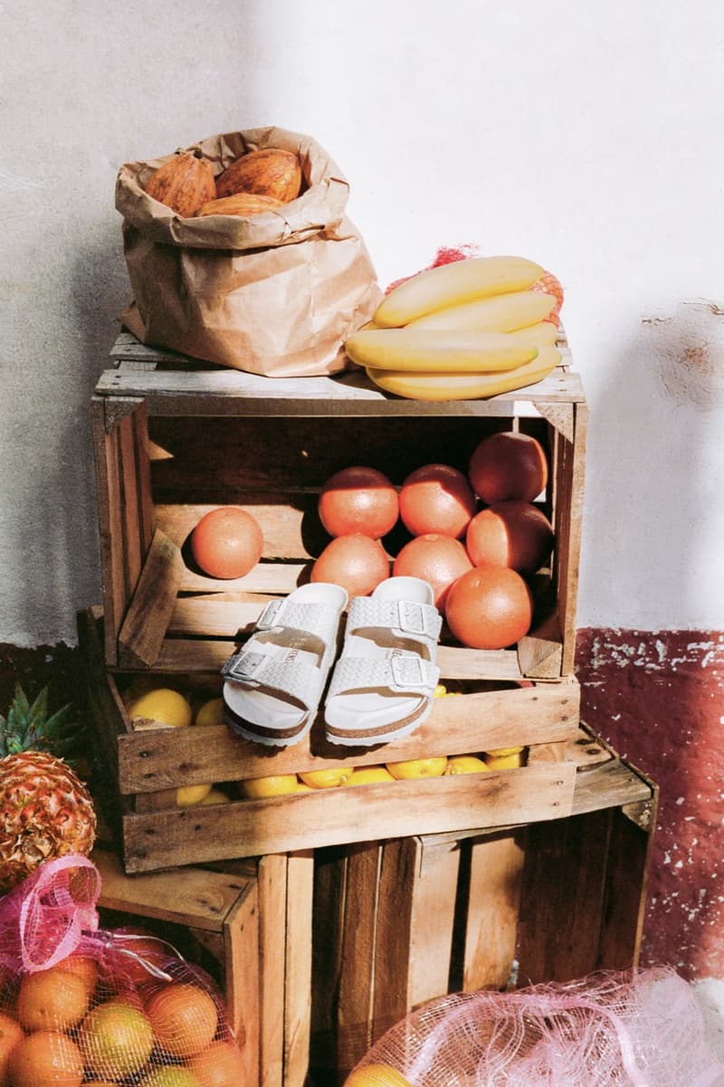 birkenstock arizona sandals staud black white woven texture strap oranges beach 
