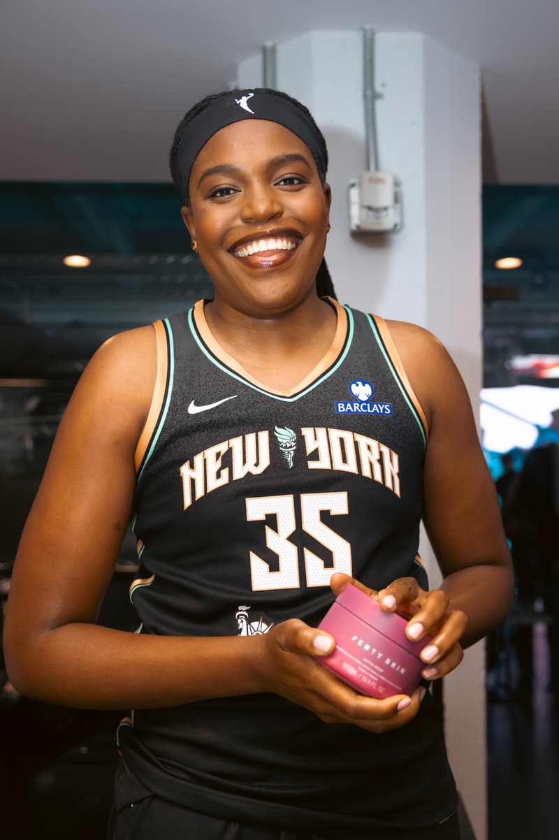 new york liberty player posing with new jersey of fenty beauty and fenty skin, beauty, makeup, skincare
