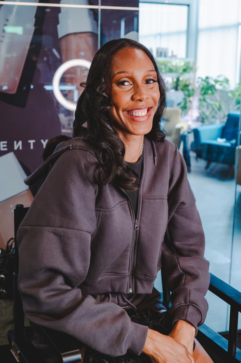new york liberty player posing with new jersey of fenty beauty and fenty skin, beauty, makeup, skincare