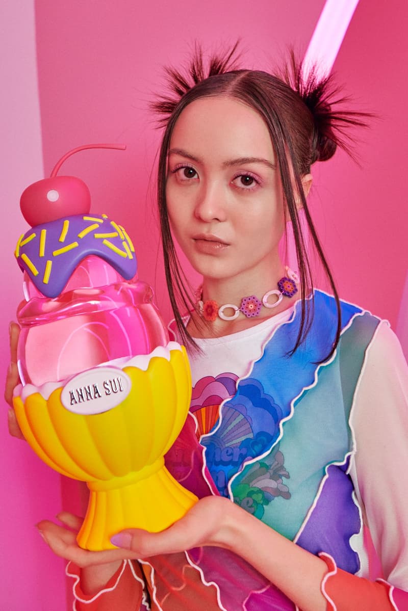 girl holding fragrance in the shape of an ice cream sundae, perfume, anna sui, beauty