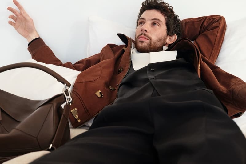 loewe greta lee draped dress puzzle bag woman lying down actor