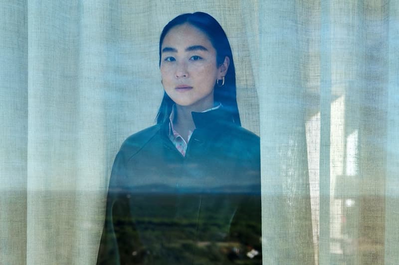 loewe greta lee draped dress puzzle bag woman lying down actor