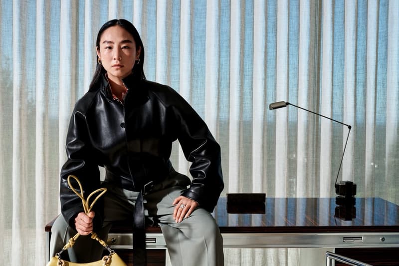 loewe greta lee draped dress puzzle bag woman lying down actor