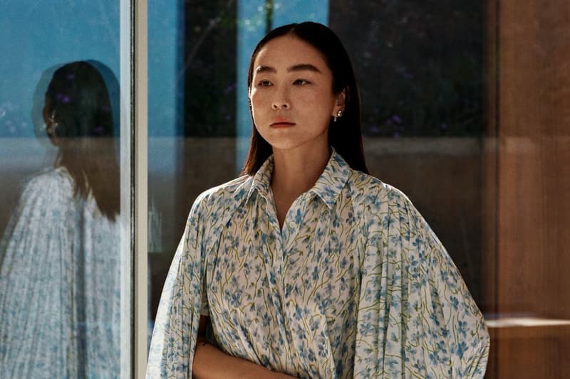 loewe greta lee draped dress puzzle bag woman lying down actor