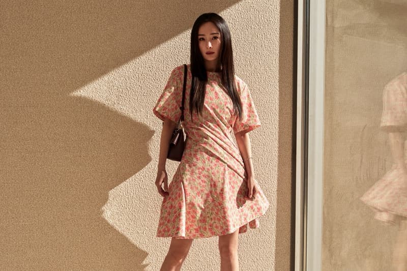 loewe greta lee draped dress puzzle bag woman lying down actor