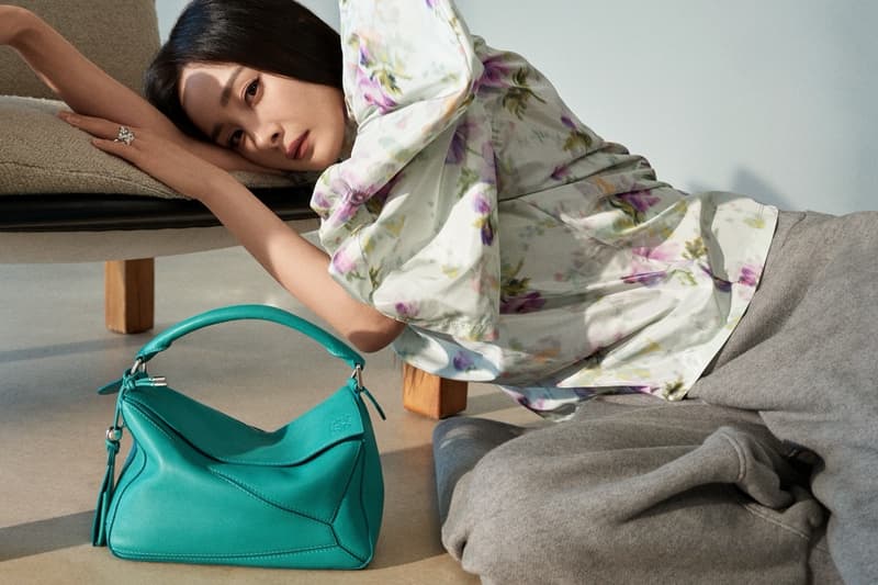 loewe greta lee draped dress puzzle bag woman lying down actor