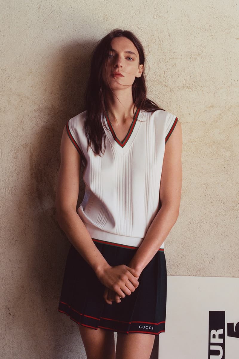 gucci tennis campaign women polo shirts skirts mini handbags sports court