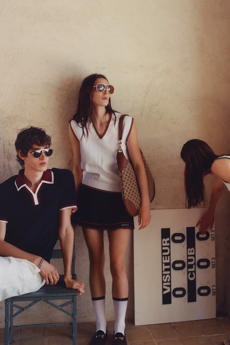 gucci tennis campaign women polo shirts skirts mini handbags sports court