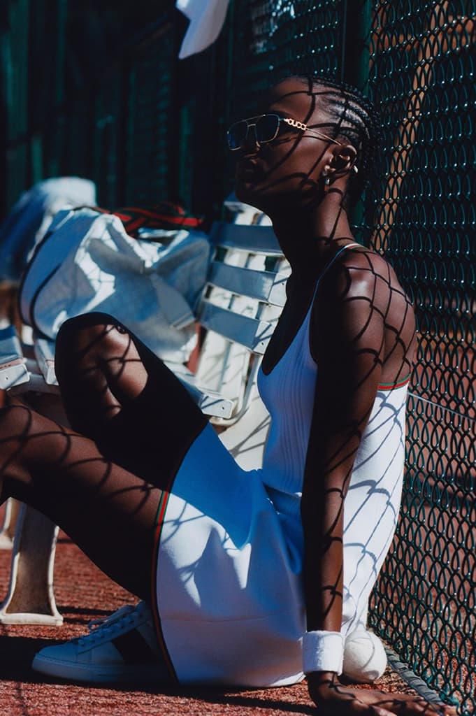 gucci tennis campaign women polo shirts skirts mini handbags sports court