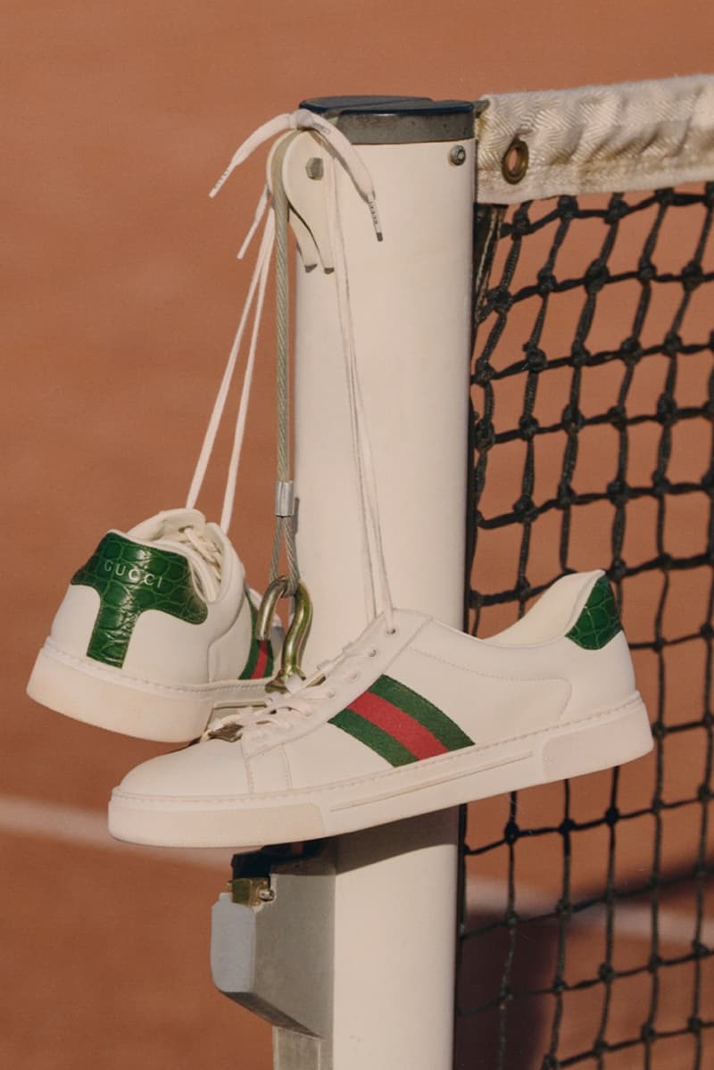 gucci tennis campaign women polo shirts skirts mini handbags sports court