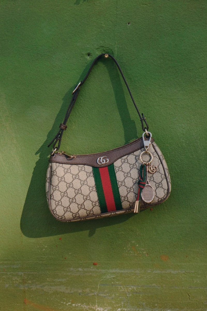 gucci tennis campaign women polo shirts skirts mini handbags sports court