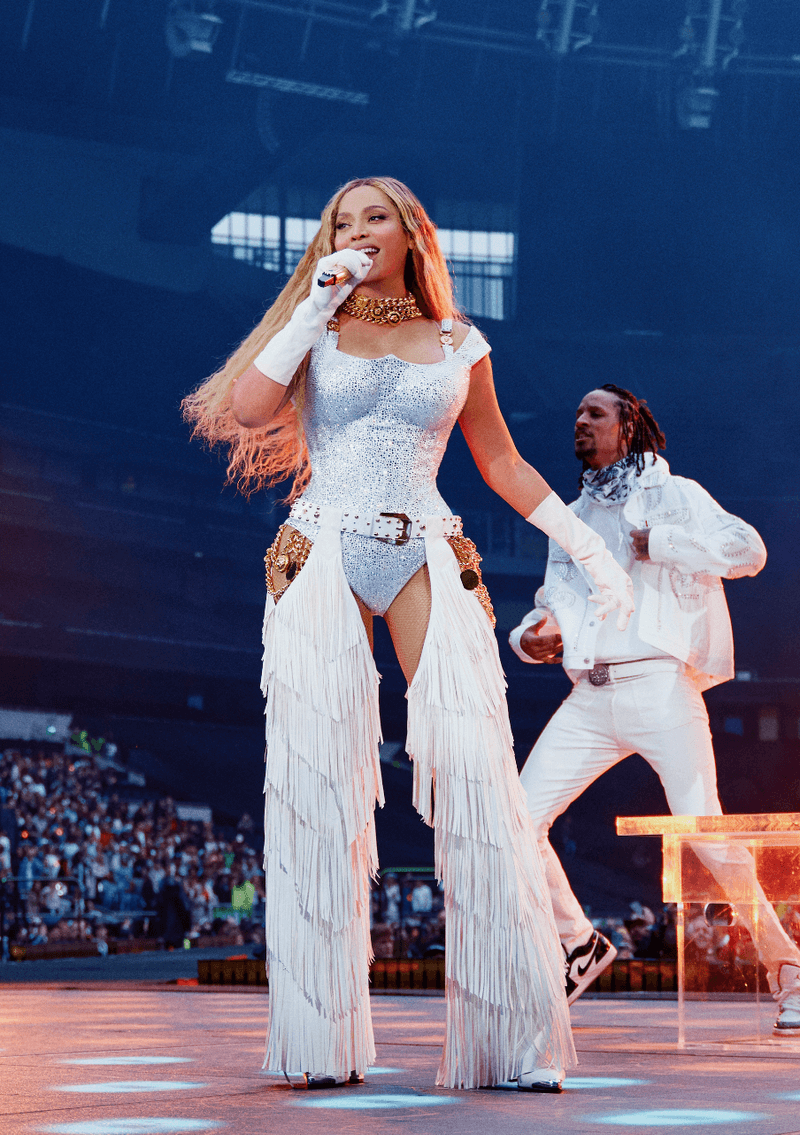beyonce cowboy carter tour outfits looks thigh high boots fur coats swarovski jersey
