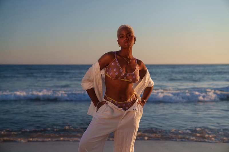 understatement lingerie, underwear, sheer bra, knickers, pants, woman, model, laying on the beach