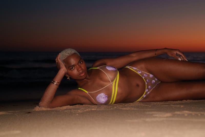 understatement lingerie, underwear, sheer bra, knickers, pants, woman, model, laying on the beach