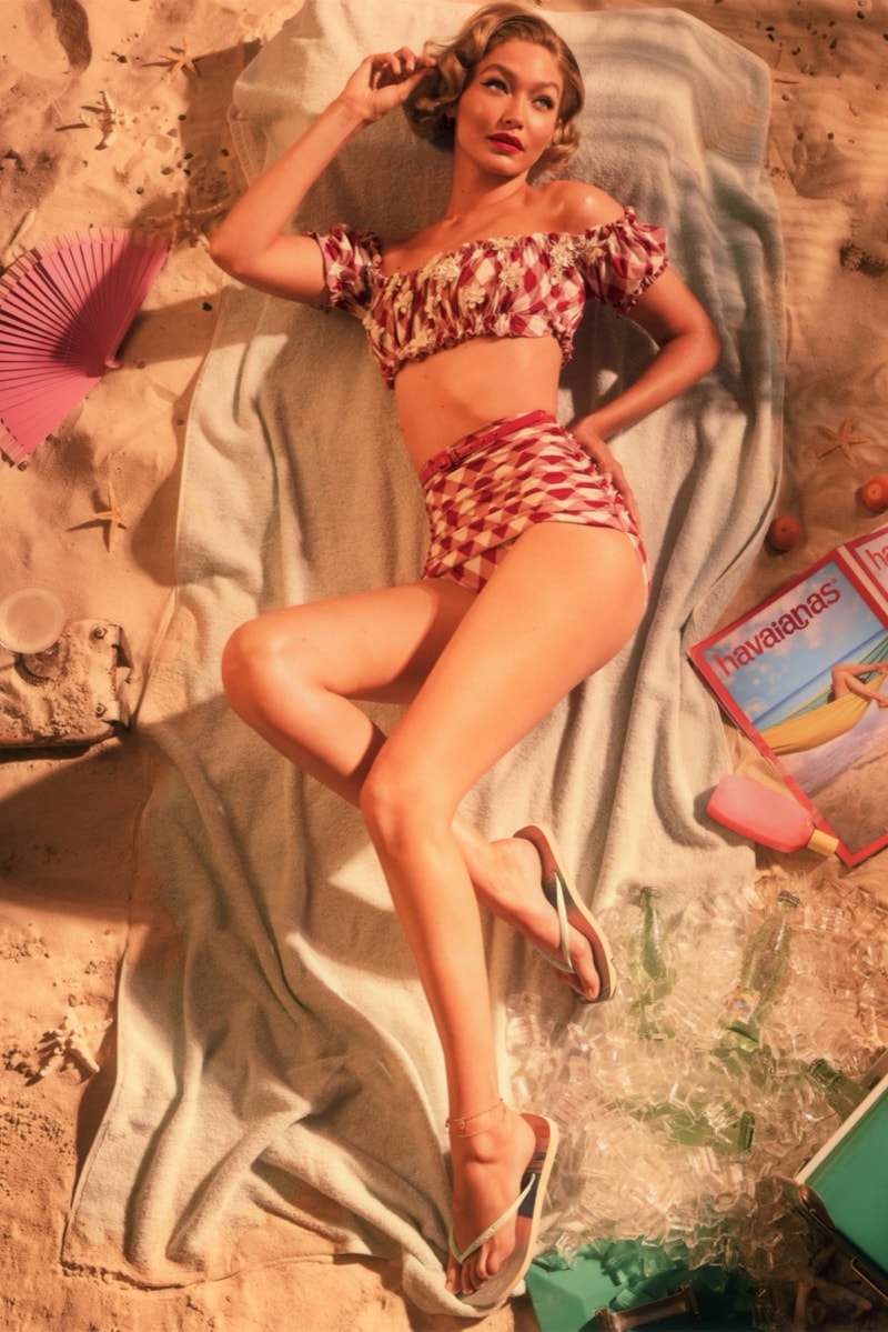 gigi hadid, havaianas, sailor hat, woman, flip flops, pants, beach, hammock